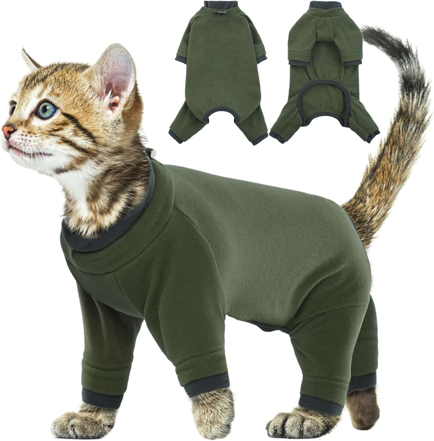 Kitten Clothes, Soft Pajama Winter Jacket Kitten Onesie Overall Four-Legged Warm Clothes Cat Recovery Suit Female after Surgery Hair Sticky Onesie(Army Green, XS)