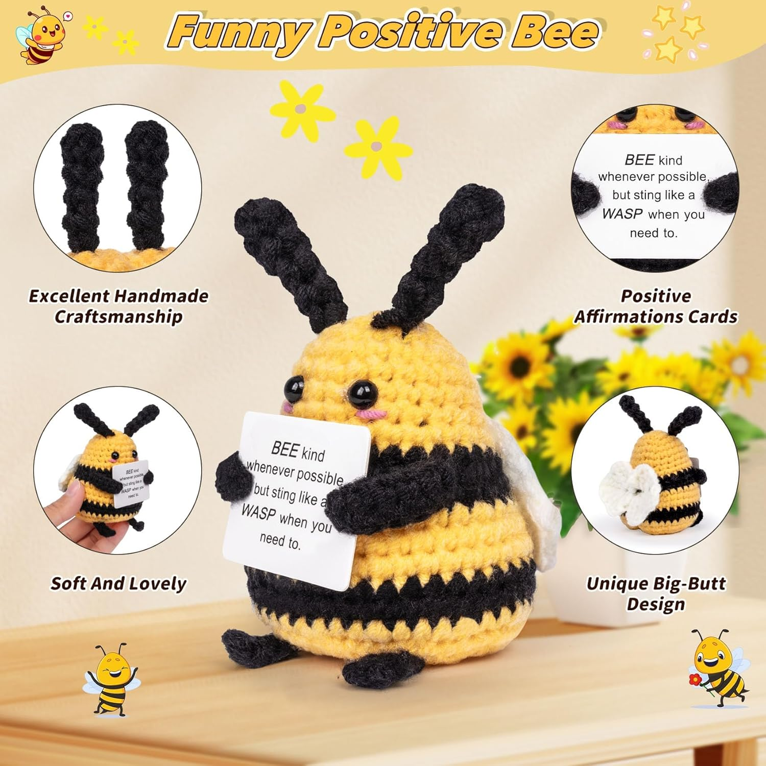 Fun Encouraging Bees Mini Crochet Bee and Positive Affirmation Cards for Inspirational Novelty Gifts and Party Decorations Holiday Gifts image number 4