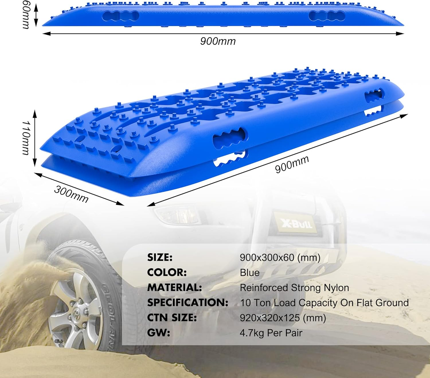 X-BULL Recovery Tracks 4X4 Recovery Boards Offroad 4Wd Tracks 22046LBS/10000KG Stand for Automotive Accessories Tires and Wheels in the Sand Mud Snow(Gen 2.0 Blue) image number 2