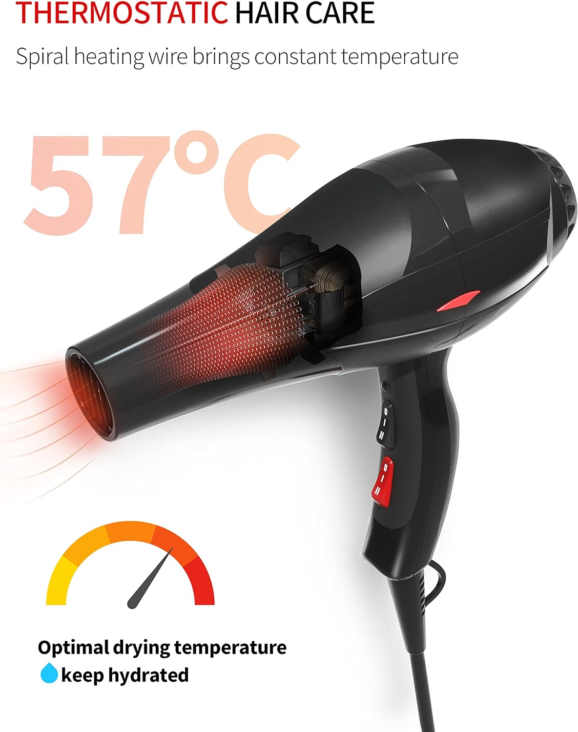 Professional Hair Dryer 3500W Ionic Hairdryer Blow Dryer AC Motor Blue Light Anion with 1 Diffuser & 2 Nozzles Accessories for Curly Hair, Overheating Protection 2 Speeds 3 Heat Settings for Women Men Home Salon image number 3