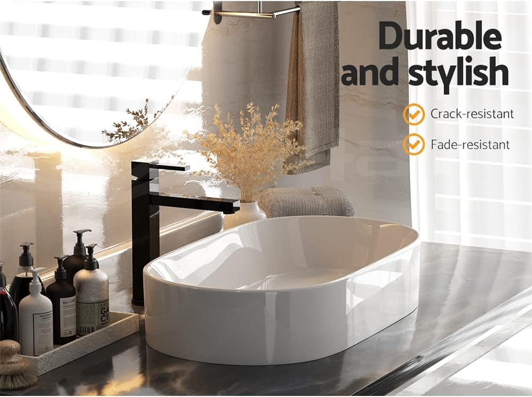 Cefito Bathroom Basin Vanity Sink, Ceramic Hand Wash Basins Vessel Sinks above Counter Top Tools Basin Home Improvement, Oval High Gloss Finish Scratch-Resistant White image number 1