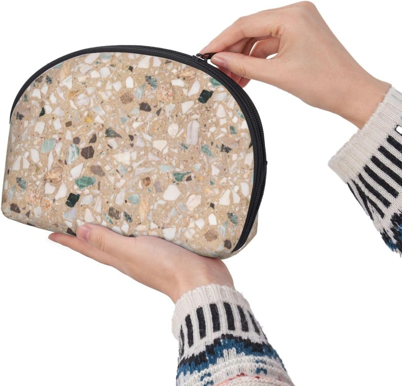 Cozimangoe Coin Pouch Makeup Bags Set, 2 Piece Shell Shape Cosmetic Bag with Pockets for Daily Travel Handbag Lipstick Keys Toiletry, Personalized Terrazzo Natural Stone