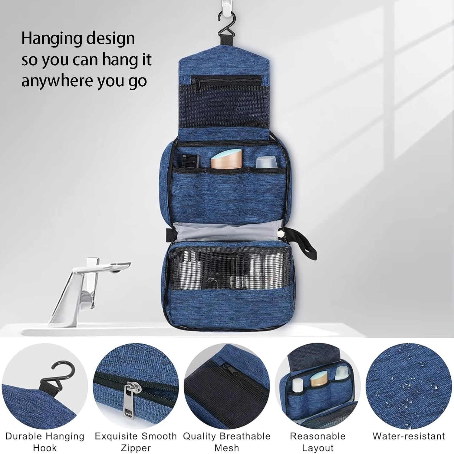 Hanging Toiletry Bag with Handles Portable Wash Bag for Camping and Outdoor Wash Organiser + 2 Drawstring Pouches | Dry/Wet Separation Blue image number 1