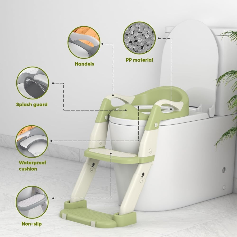 Uandhome Potty Training Seat,3-In-1 Toddler Potty Training Toilet Seat with Foldable Ladder for Kids Boys Girls, Adjustable Height Potty Chair with Anti-Slip Steps Safety Handles Soft Cushion(Green) image number 5