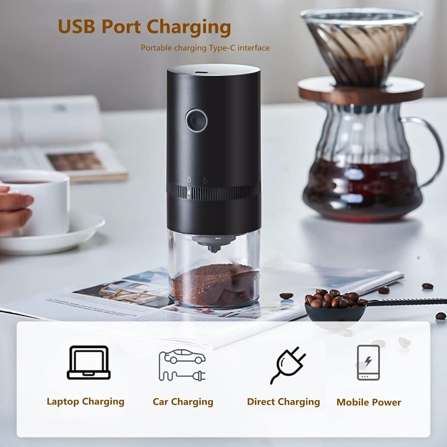 Electric Coffee Grinder,Spice Grinder and Herb Grinder,4 Cups/30G/1Oz Compact Automatic Conical Burr Grinder Coffee Bean Grinder with Multi Grind Setting for Espresso Drip Pour over French Press, USB Rechargeable image number 3