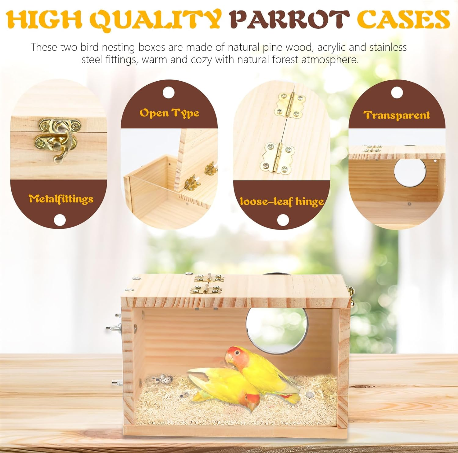 2 Pack Wood Bird Nest Box, Parakeet Nesting Box, Bird Nest Breeding Box Transparent, Bird House for Cage, Wood Breeding Box for Lovebirds, Cockatiel, Budgie image number 2