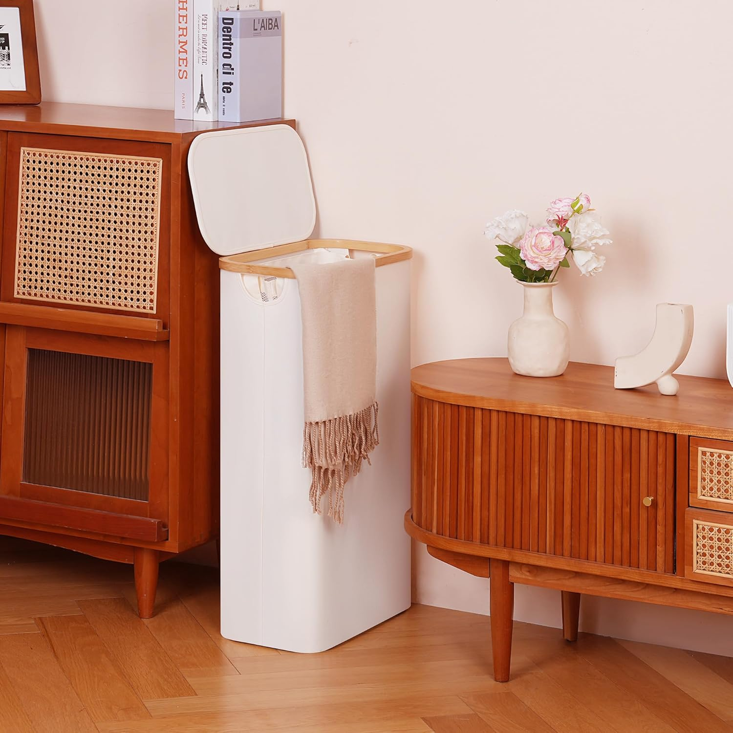 Efluky Slim Laundry Basket with Lid, Tall Narrow Washing Basket for Laundry, Folding Small Slimline Laundry Baskets for Dirty Clothes, 63L Cloth Storage Basket Beige image number 1