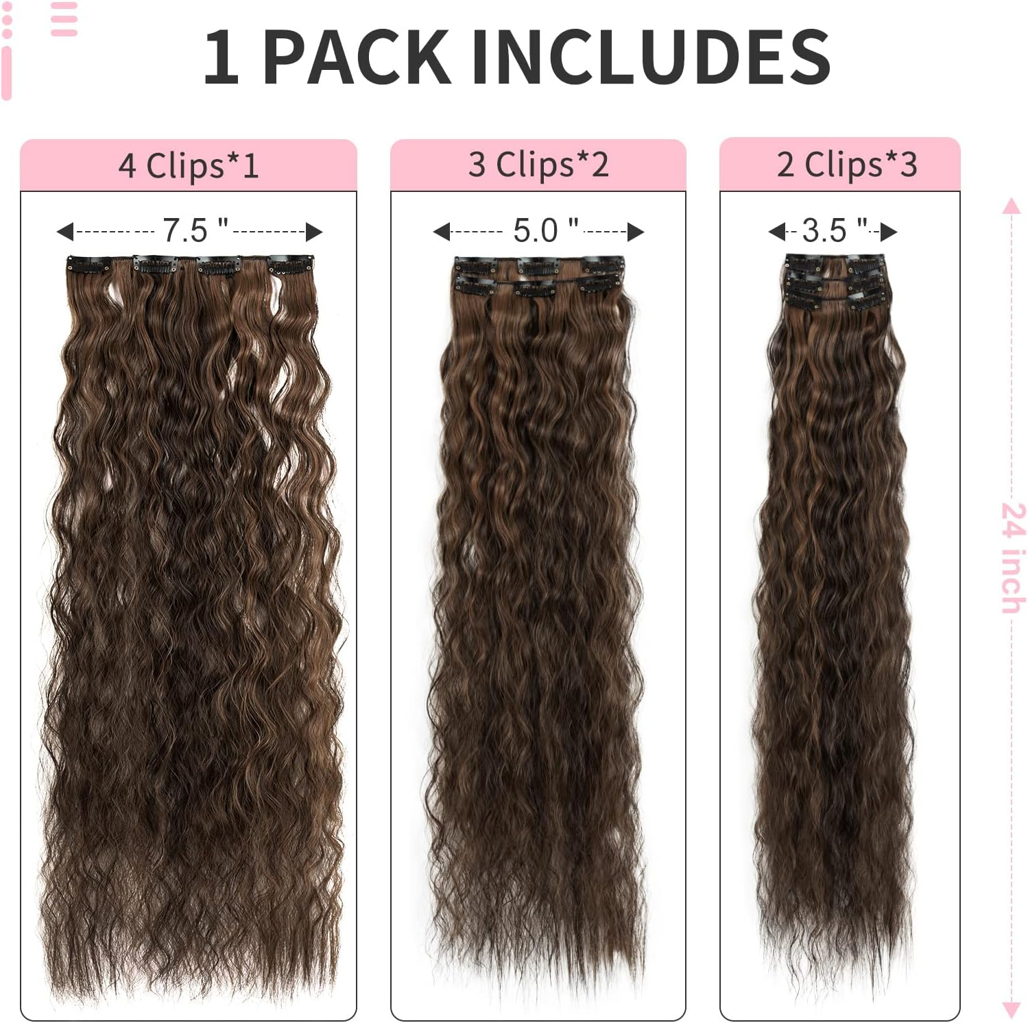 FLUFYMOOZ Clip in Hair Extensions,6Pcs Hair Extensions Long Mermaid Waves Wavy Synthetic Clip on Hairpiece for Women 24 Inch (Dark Brown with Highlights) image number 5