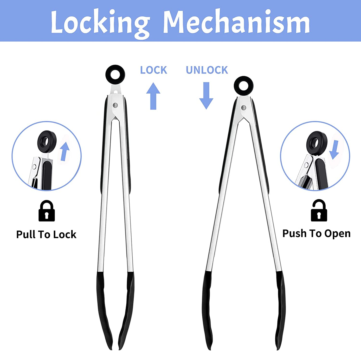 Kitchen Tongs Heat Resistant 480℉ - Set of 3 (7", 9" & 12"), Premium Stainless Steel Locking Cooking Tongs with Silicone Tips - Non-Stick & Non-Slip, Heavy Duty Food Tongs for Cooking, BBQ, Black