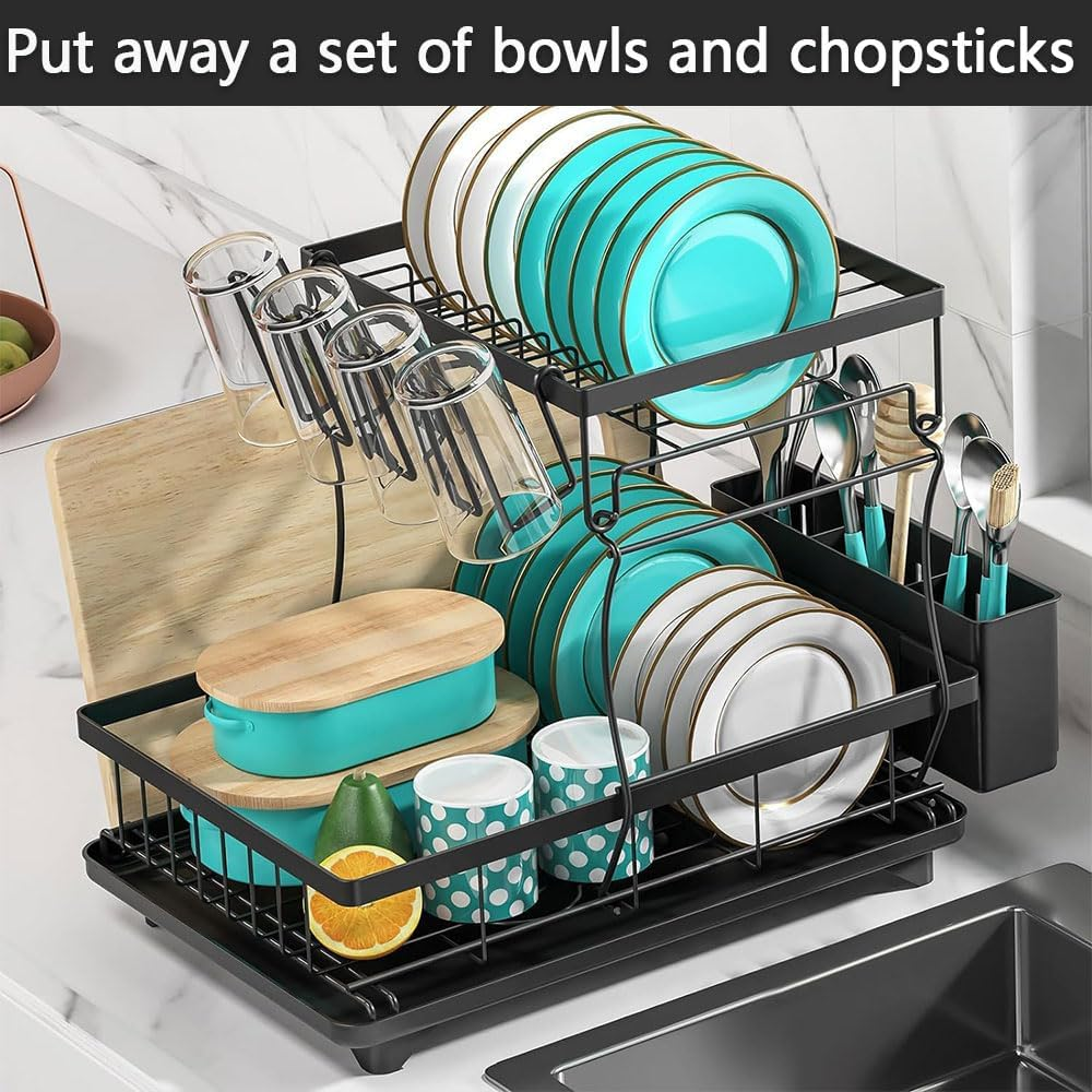 2-Tier Stainless Steel Dish Drying Rack for Kitchen Counter -Detachable Large Dish Drainer Set, Utensil & Cutlery Holder for Kitchen Storage & Organisation (Black)