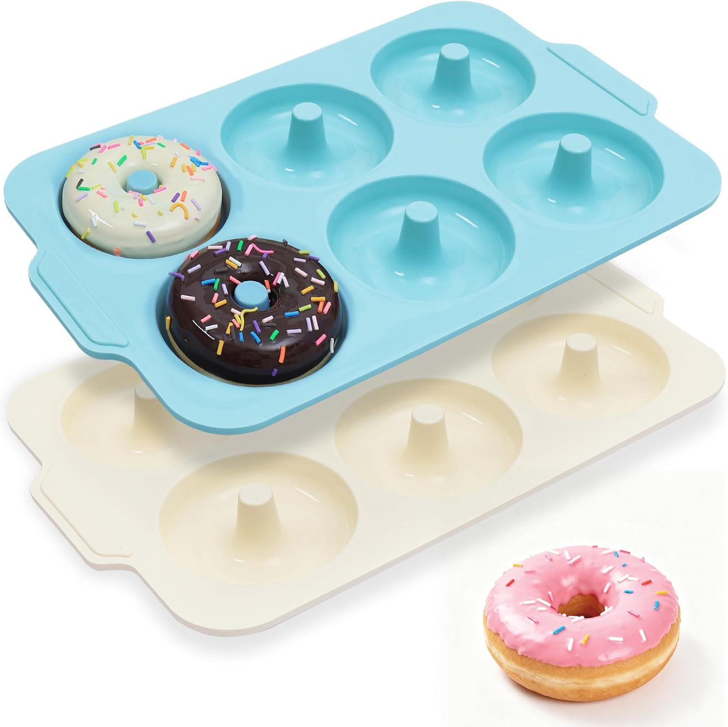 Nonstick Silicone Donut Pan: 3.5 Inch Large Donut Mold with Metal Frame - Bagel Doughnut Pan for Baking Gluten Free Glazed Vegan - for Oven Housewife Home Baker Baking Lovers (Green & Beige) image number 6