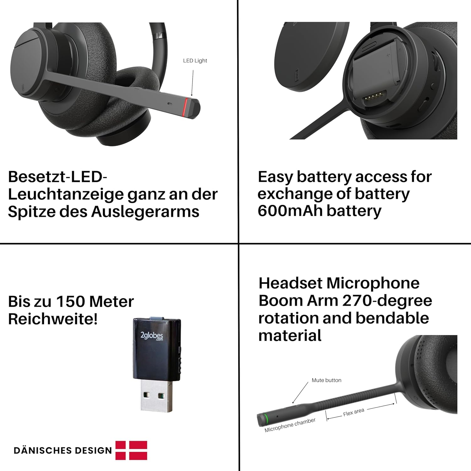 2Globes Hybrid X.5: Advanced DECT & Bluetooth Stereo Headset with ANC - USB-C Connectivity - Black image number 4