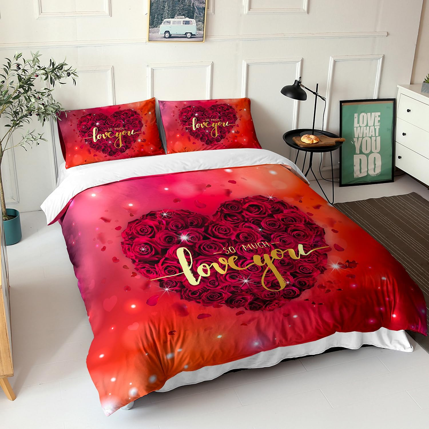AILONEN Red Rose Duvet Cover Set Full Size, 3D Rose Hearts Bedding Set,Valentine Fantasy Loves Comforter Cover Set,Glitter Hearts Duvet Cover Set 3 Pieces, 1 Quilt Cover and 2 Pillowcases image number 2