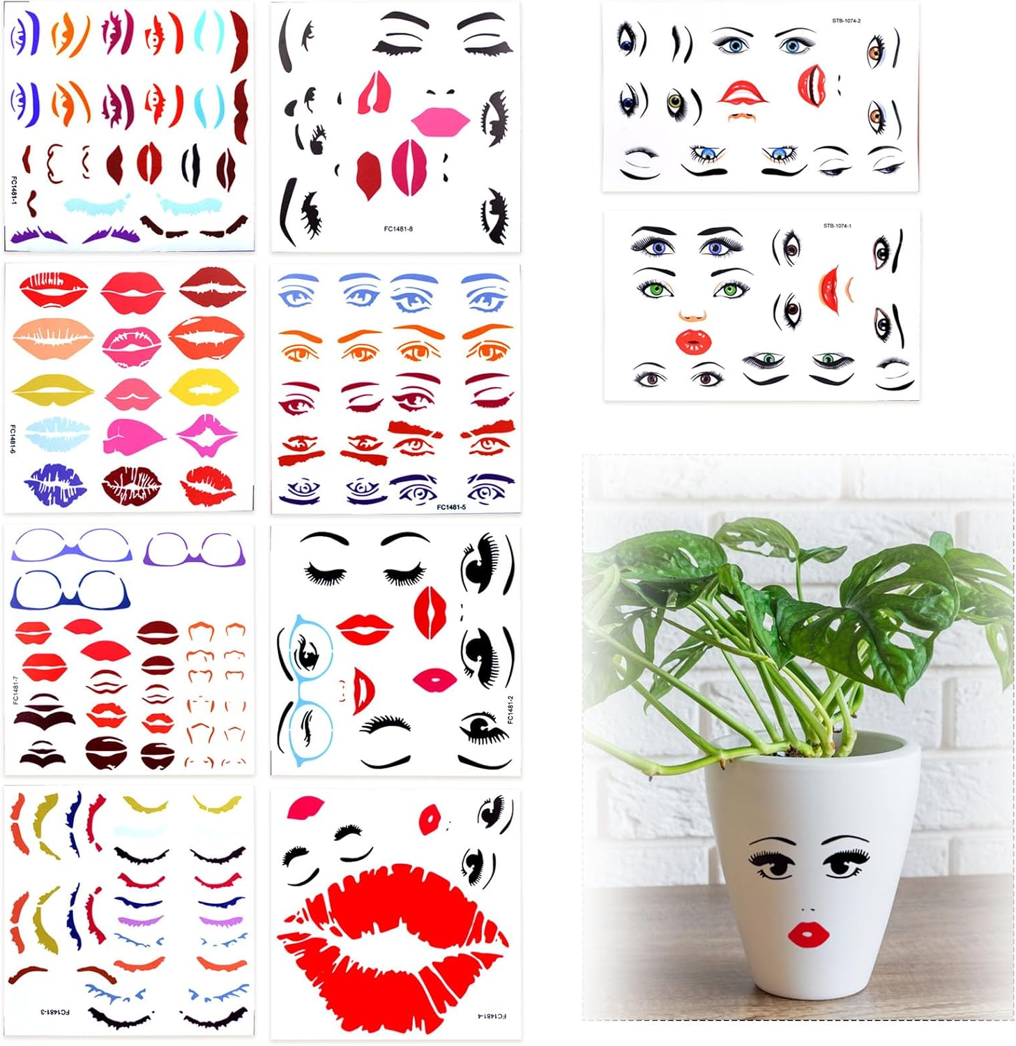 HACRAHO Face Stickers for Crafts, Lips, Mouth, Eyes, Eyebrows, Nose, Stickers, for Holiday, Party, Crafts, Flower Pots Decoration (Colorful) image number 1