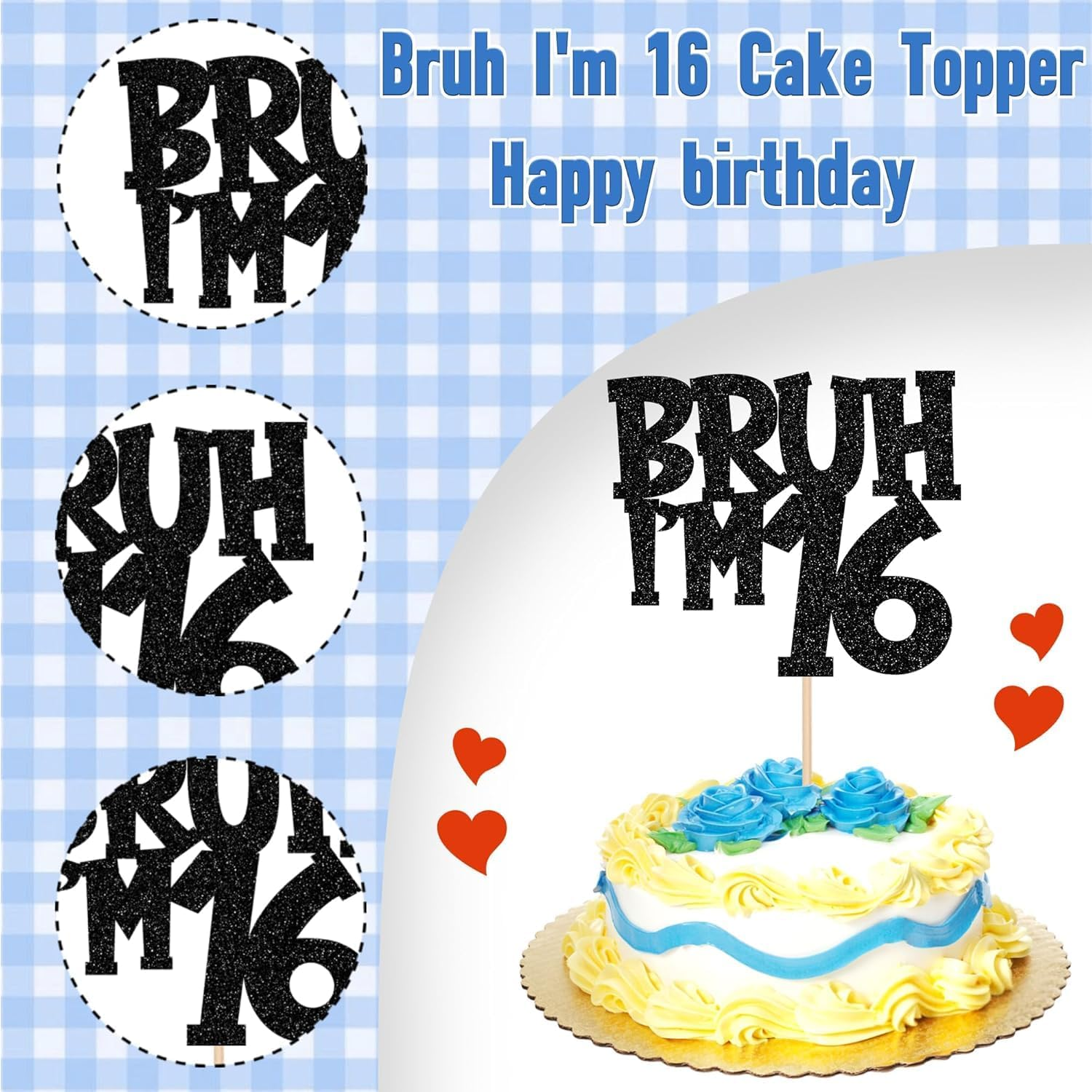 SYKYCTCY 1 Pack Black Glitter Bruh I'M 16 Cake Topper Glitter Cheers to 16Th Cake Pick Funny 16Th Cake Decorations for Happy Birthday Party Supplies Black image number 1