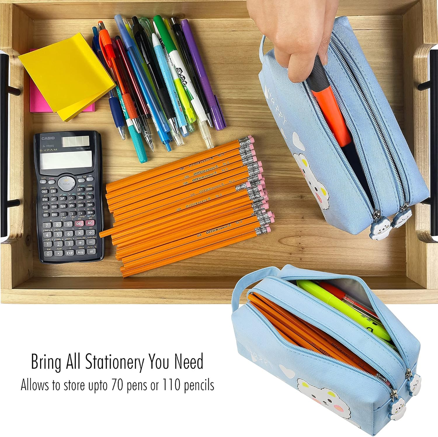 Wittysilly Cute Bear Pencil Pouch for Boys, Kawaii Large Capacity Blue Pencil Case, Stationery Organizer Bag, High School College Pen Case, Office Supply Case Organizer (Sky Blue) - Mint Green image number 3