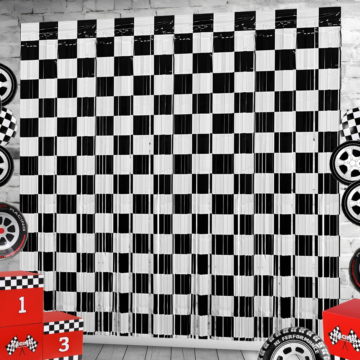 Race Car Foil Fringe Curtains Backdrop Birthday Party Decorations, 2 Pack 3.28 X 6.56 Ft Black White Foil Fringe Curtain Photo Booth Props Cars Lightning Fast Wheels One Happy Dude Party Decorations