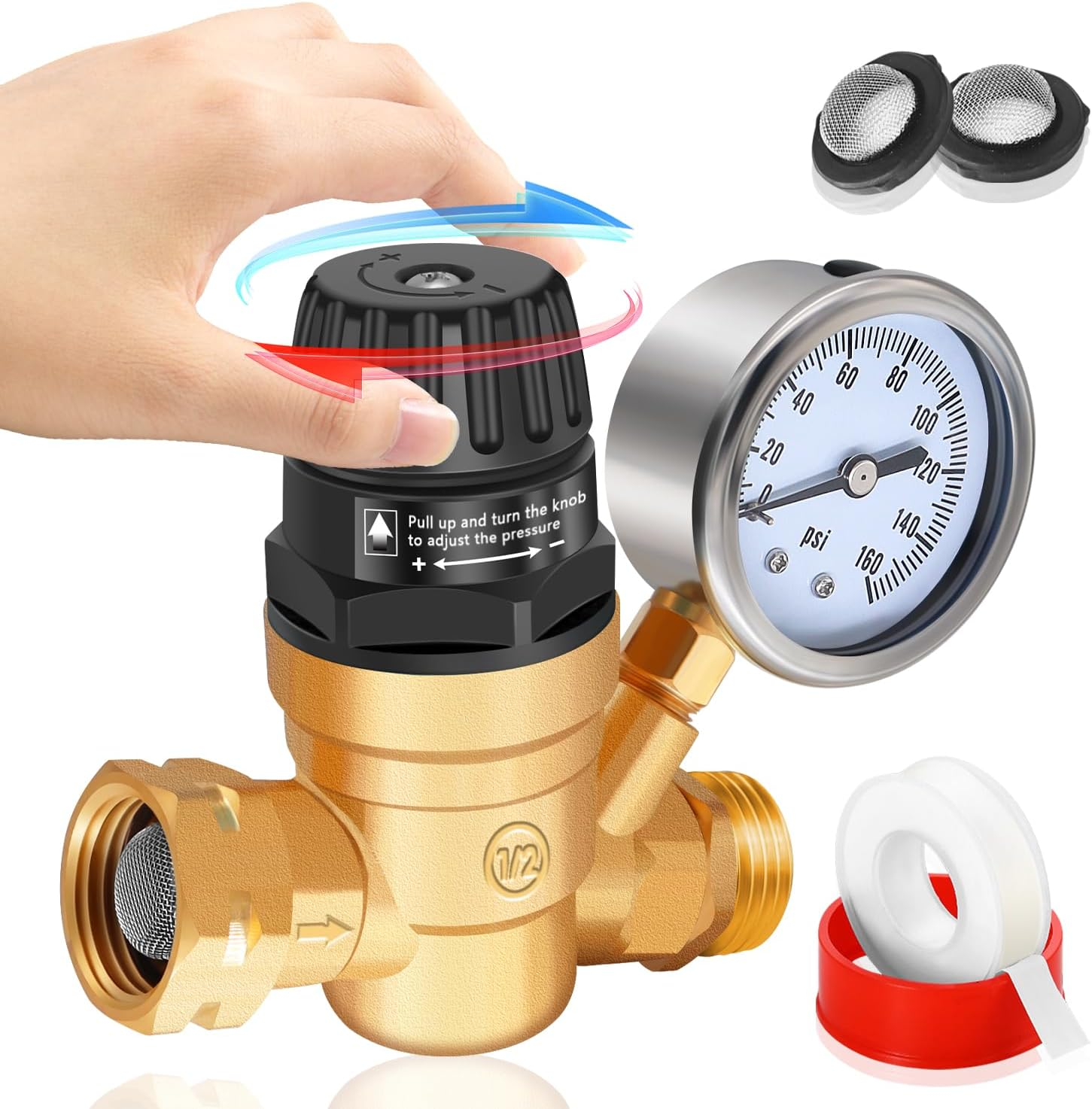 Adjustable Handle RV Water Pressure Regulator with Gauge, Upgraded Lead-Free Brass Water Pressure Regulator for RV Camper, Hose Pressure Regulator Reducing Valve, Fit for RV Camper Travel Trailer
