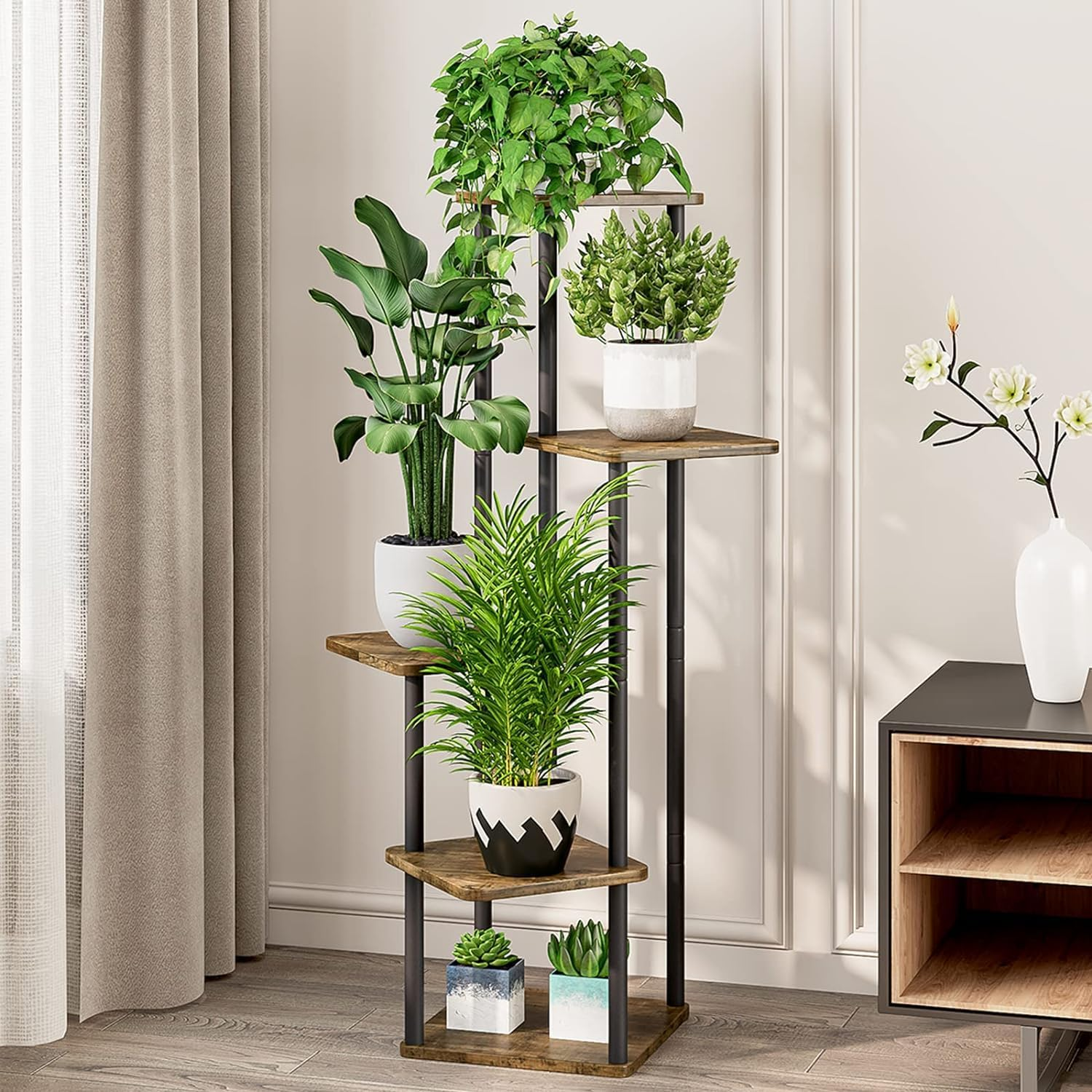 Plant Stand 5 Tier Indoor Metal Flower Shelf for Multiple Plants Corner Tall Flower Holders for Patio Garden Living Room Balcony Bedroom, Black image number 2