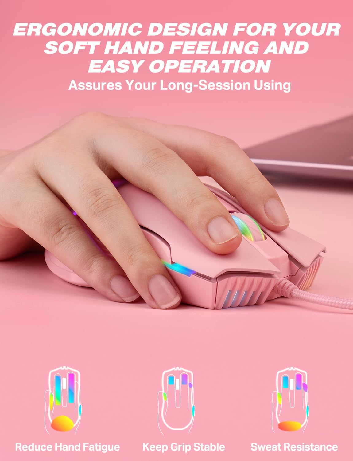 ONITOON Wired USB Mouse Wired, Ergonomic Optical Mice with RGB Backlit, 6 Adjustable DPI up to 7200, Corded Mouse with 7 Buttons for PC, Computer, Laptop image number 5