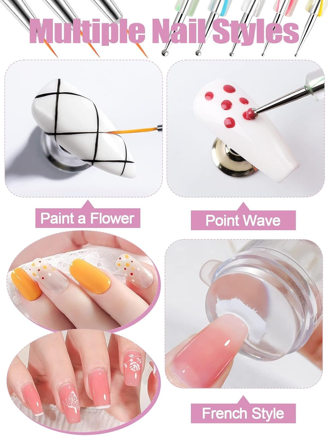 Kalolary Silicone Nail Stamper Set, French Tip Nail Stamp Jelly with Scraper, 3PCS Nail Detail Brush Set Nail Art Brush Pen, 5PCS Nail Dotting Pen, French Tip Nails Art Design Manicure Tools