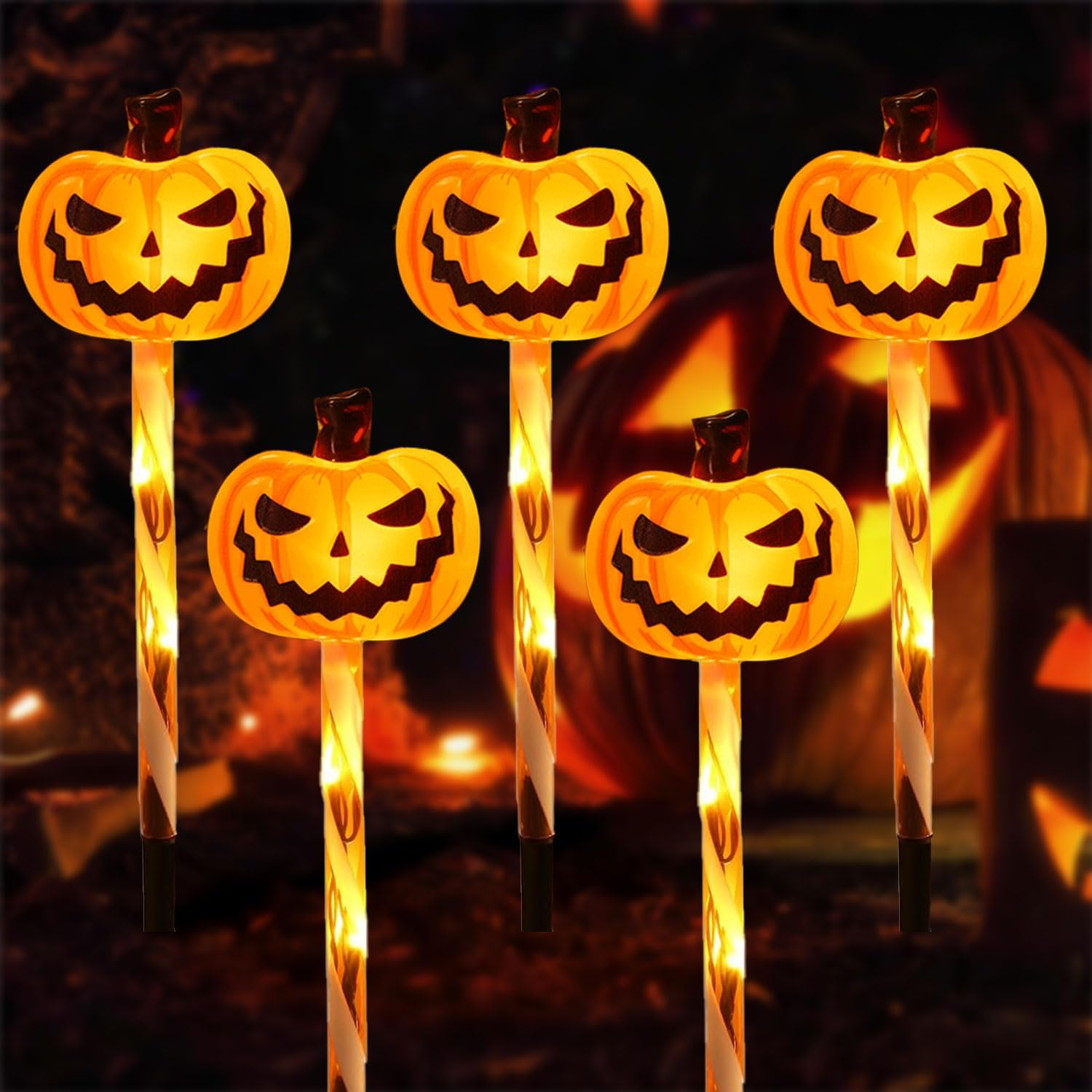 Pack of 5 Halloween Decorative Outdoor Garden, Pumpkin Solar Lights Outdoor, LED Lighting Lantern for Outdoor, Solar Pumpkin Pathway Lights, for Outdoor Party, Tombstone, Home Decor, Lawn Fence, Porch image number 6