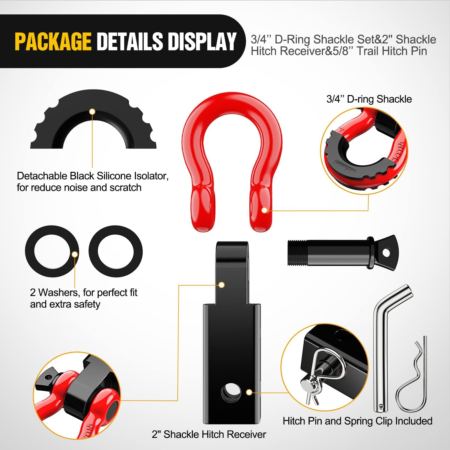 Nilight Shackle Hitch Receiver 2Inch 45000 Lbs Breaking Strength 3/4" D Ring Shackle W/Trailer Hitch Pin Heavy Duty Solid Recovery Towing Kit for Trucks Jeeps Off-Road - Black image number 7