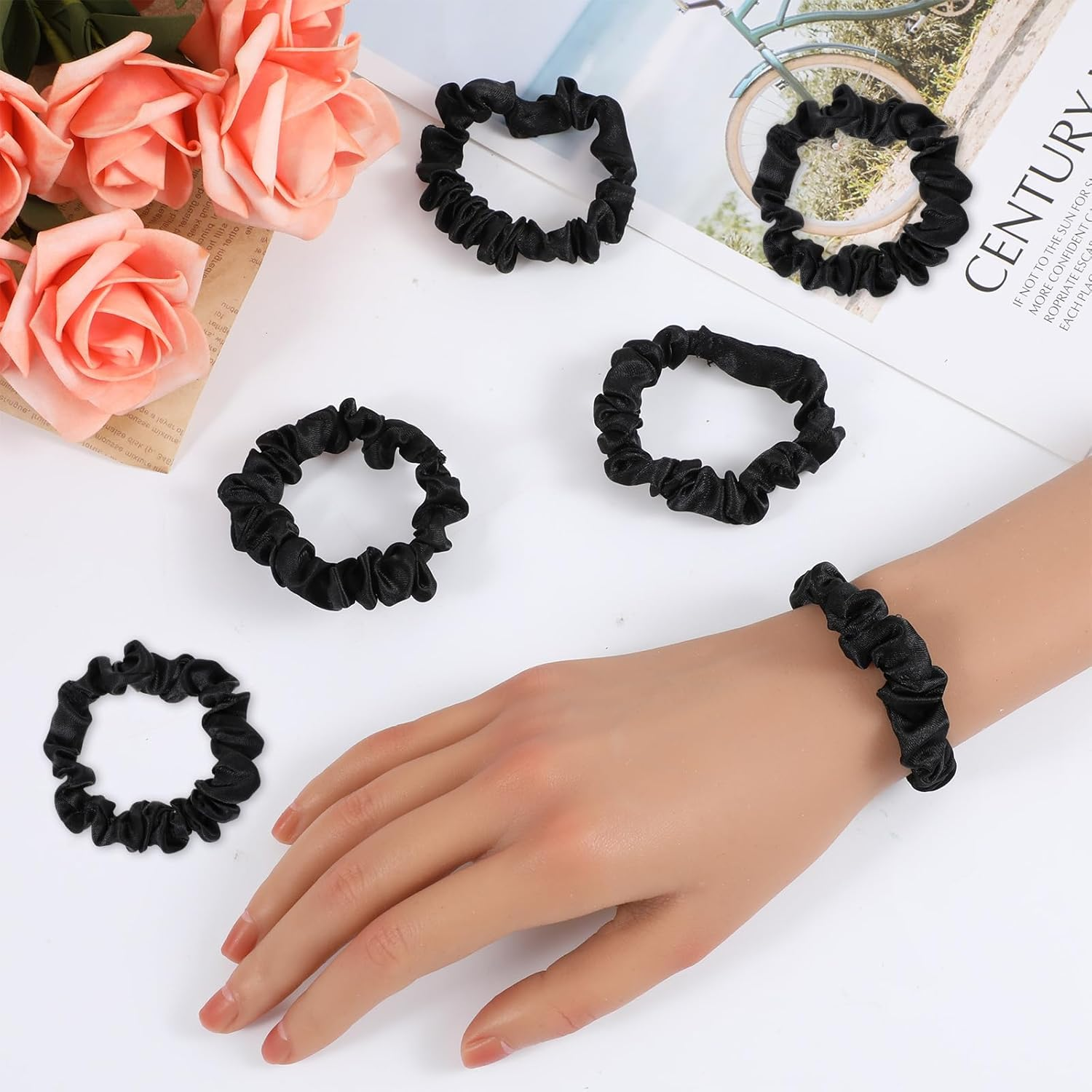 Xinjoduz 6 PCS Silk Hair Ties, Black Soft Silk Scrunchies for Hair Ties No Damage No Crease Skinny Elastic Women Girls Satin Scrunchies for Curly Thin Fine Hair Elastics Ponytail Holder image number 1