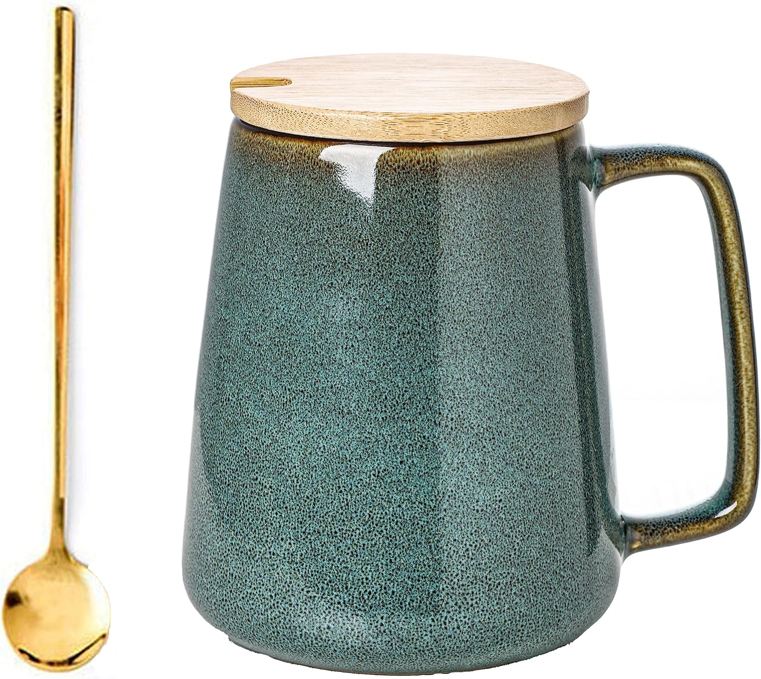 Large Ceramics Coffee Mugs,24 Oz,With Spoon and Wooden Lid,For Coffee,Tea,Cocoa,Large Handle Design,Microwave and Dishwasher Safe (24 Oz Green Set)