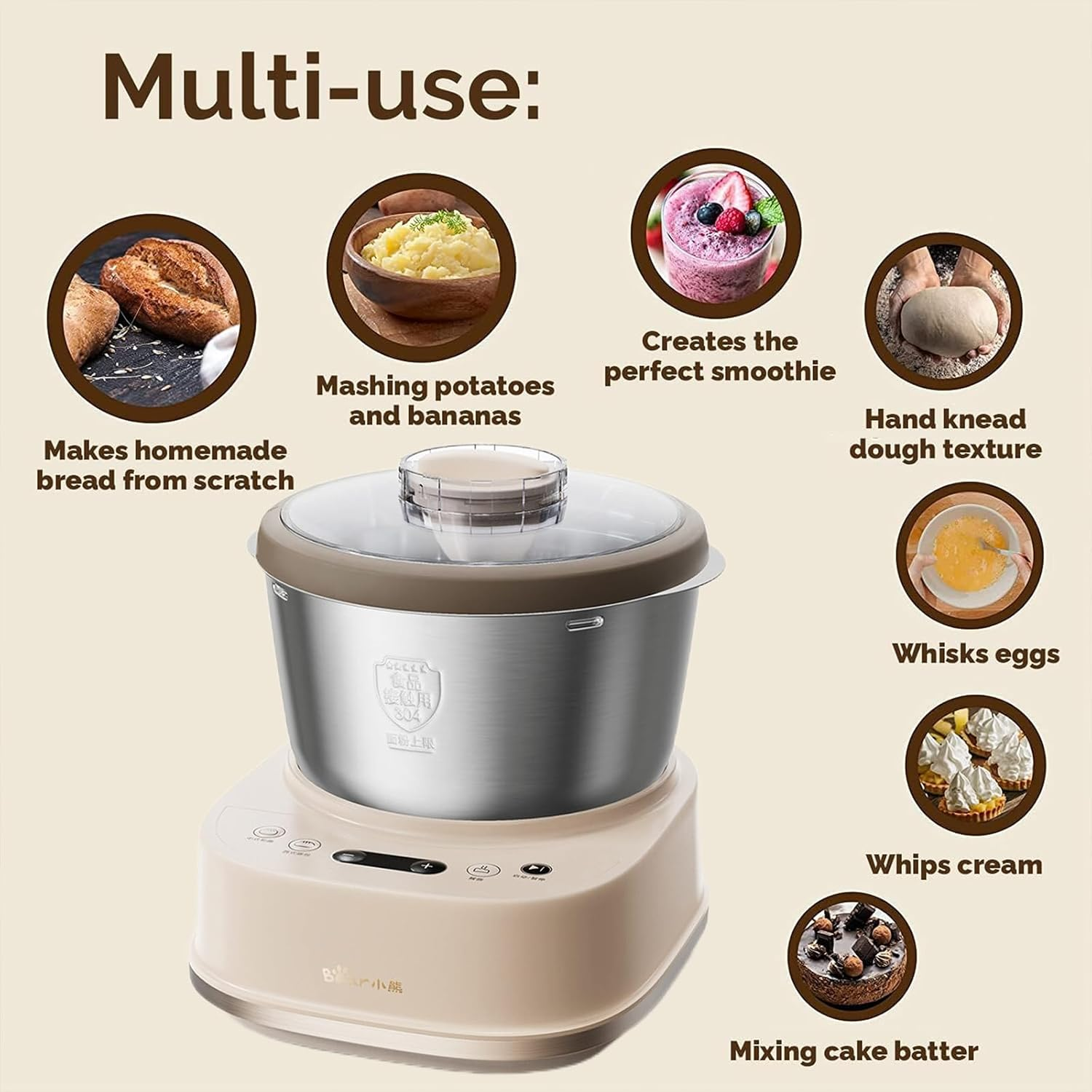 Upgrade Electric Dough Maker with Ferment Function, Microcomputer Timing, 2 Types of Dough Mixing Methods, Face-Up Touch Panel, 304 Stainless Steel, 5L, 200W (AU Adapter) image number 1