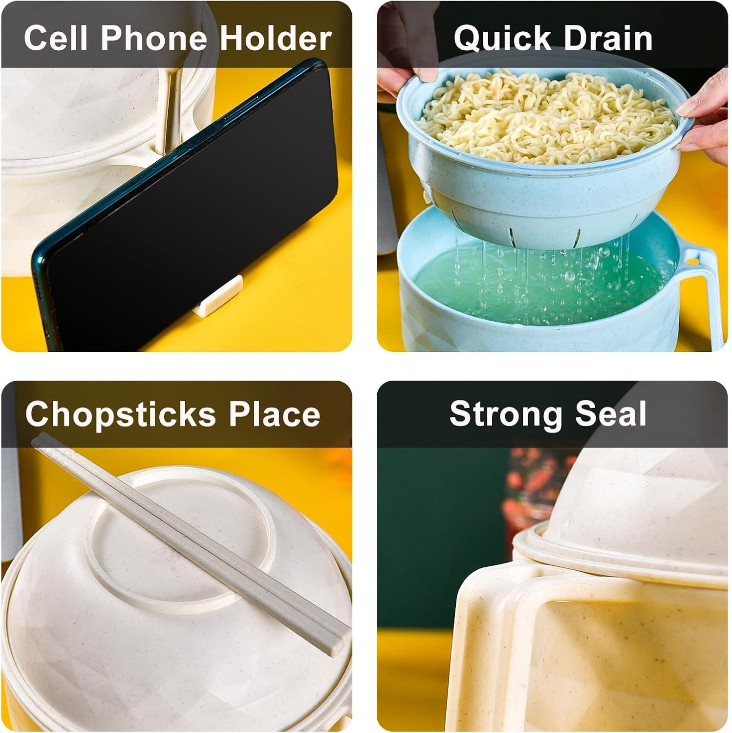 Ramen Bowl,Ramen Noodle Bowls Microwavable,6-Piece Ramen Cooker with Chopsticks,Spoon,Fork,Ramen Pot Set with Strainer and Lid for Dorm Room,Apartment,Home,Office - Blue image number 4