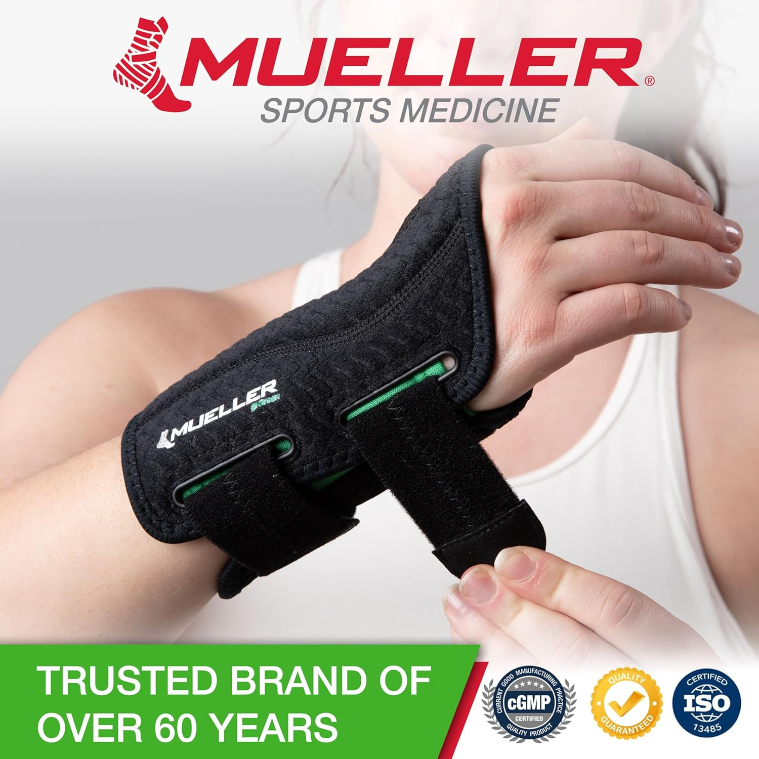 Mueller Green Fitted Wrist Brace for Right Hand, Black Small/Medium image number 6