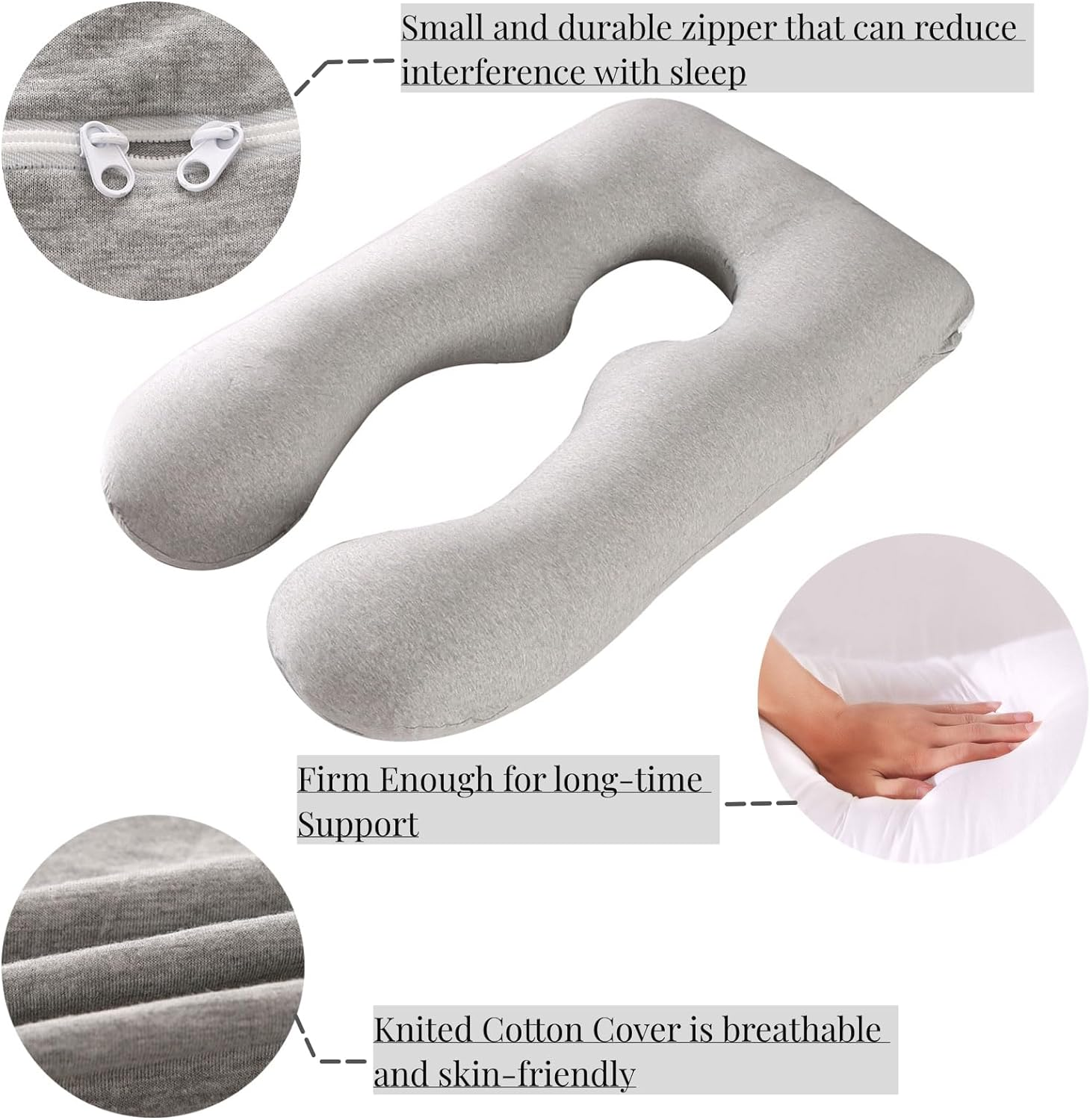 Pregnancy Pillow, Maternity Full Body Pillow for Back, Legs and Belly Support, U Shaped Full Body Pillow for Pregnant Women and Side Sleepers with Removable Cover (Knit Cotton, Grey) - Grey image number 5
