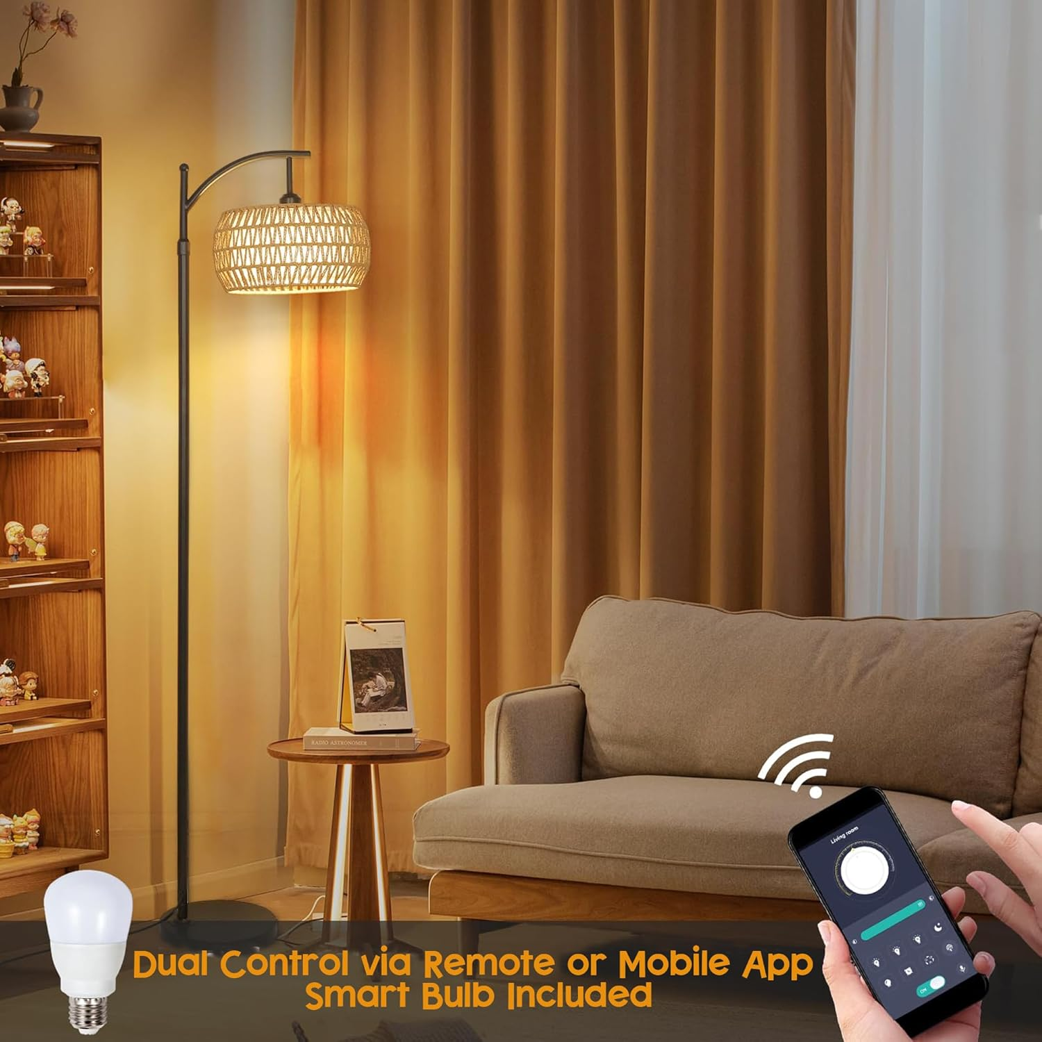 TUXOIUBA Smart Floor Lamp with Rattan Shade, 165-185Cm Adjustable Height, Remote & App Control, Dimmable LED with Timer image number 5