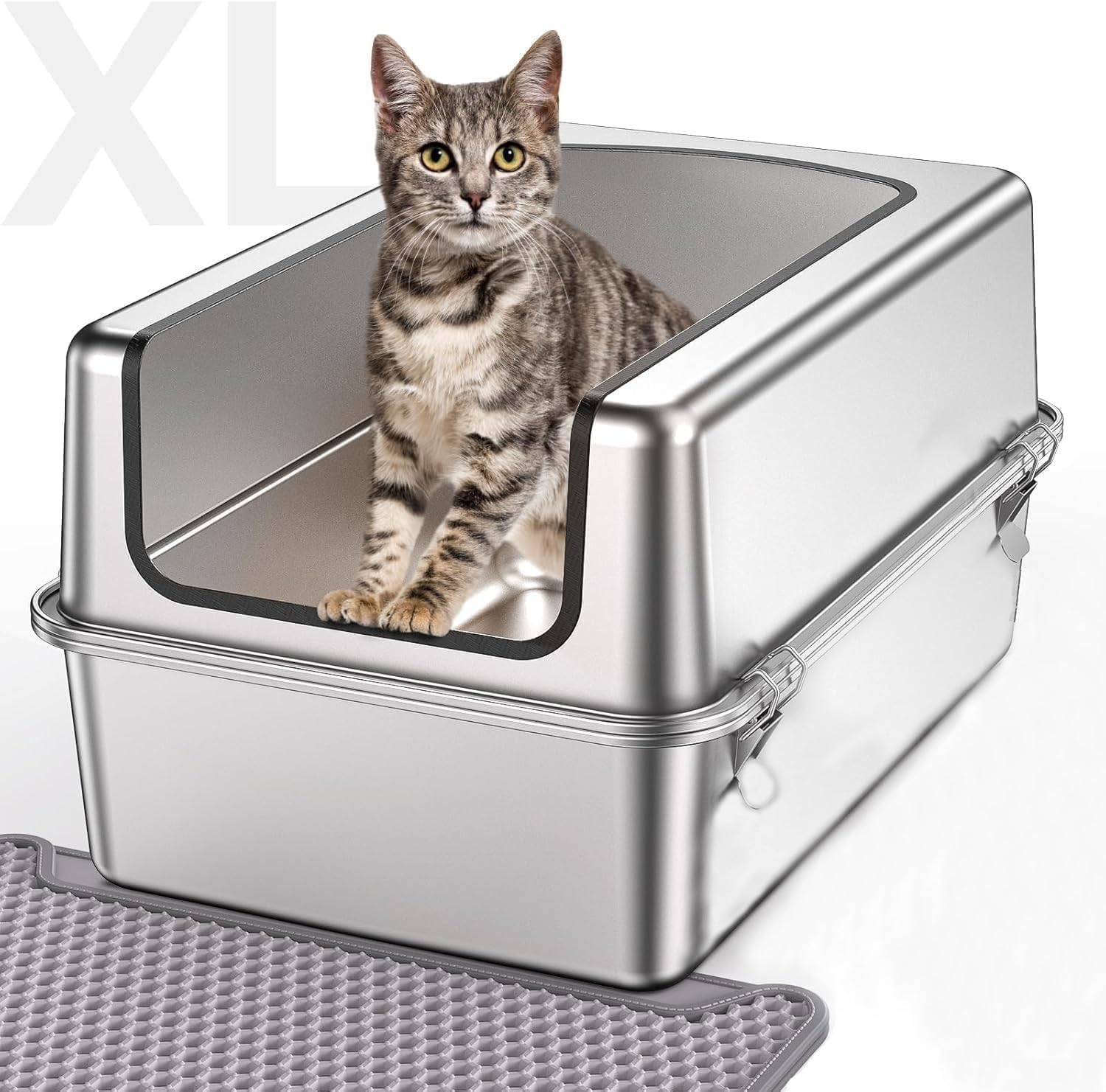 Stainless Steel Litter Box with Lid, Extra Large Cat Litter Box, 60 X 30 X 40 CM Stainless Steel Cat Litter Box, Stainless Steel Cat Litter Tray Easy Cleaning Include Litter Mat with Scoop
