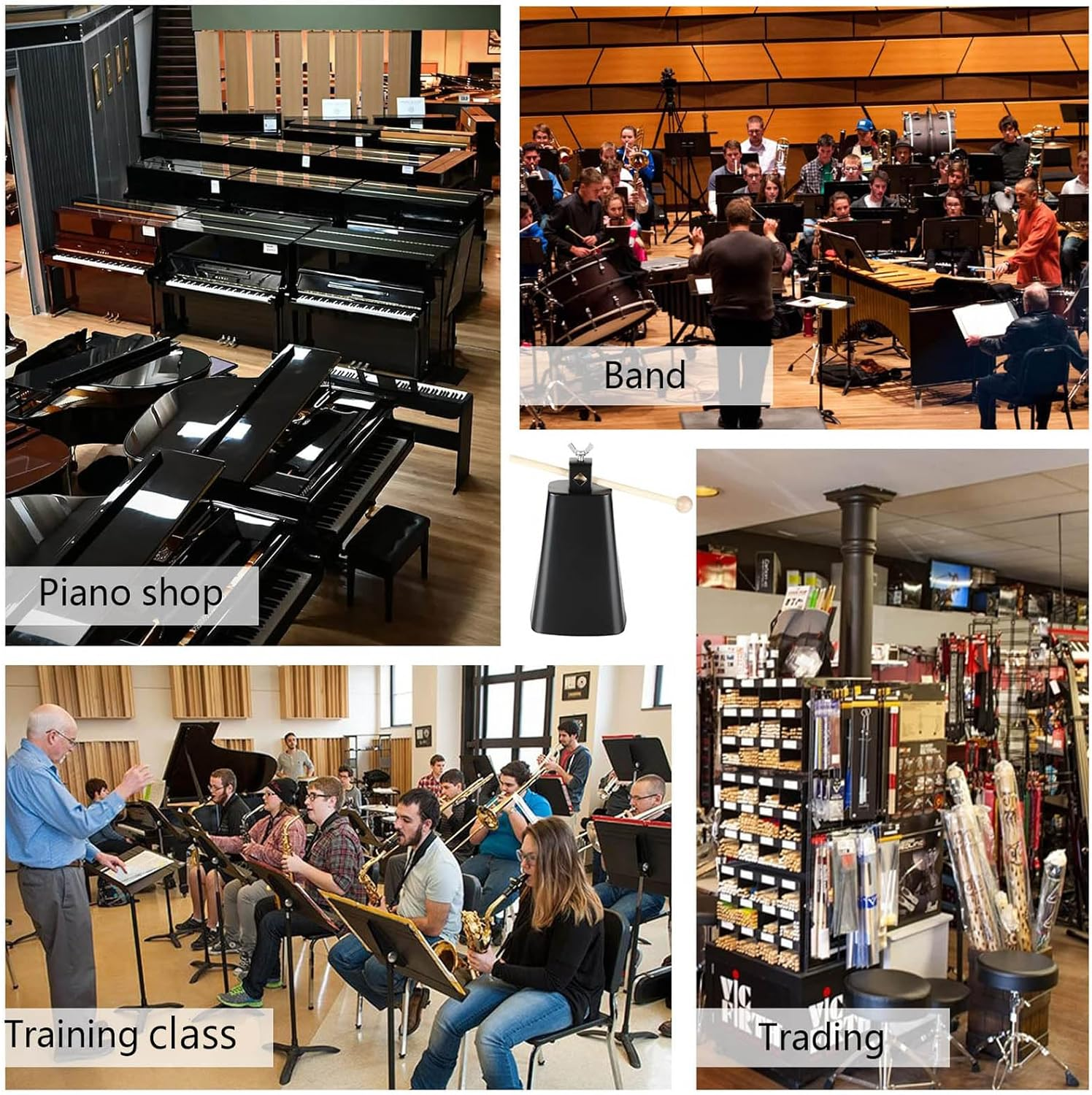 Acrux7 7 Inch Large Cow Bell Noise Makers, Metal Cowbell with Handle and Stick, Hand Percussion Music Cowbell for Sporting Events, Drum Set, Church, Weddings, Beautiful Clear Tapping Sound (Black) image number 2