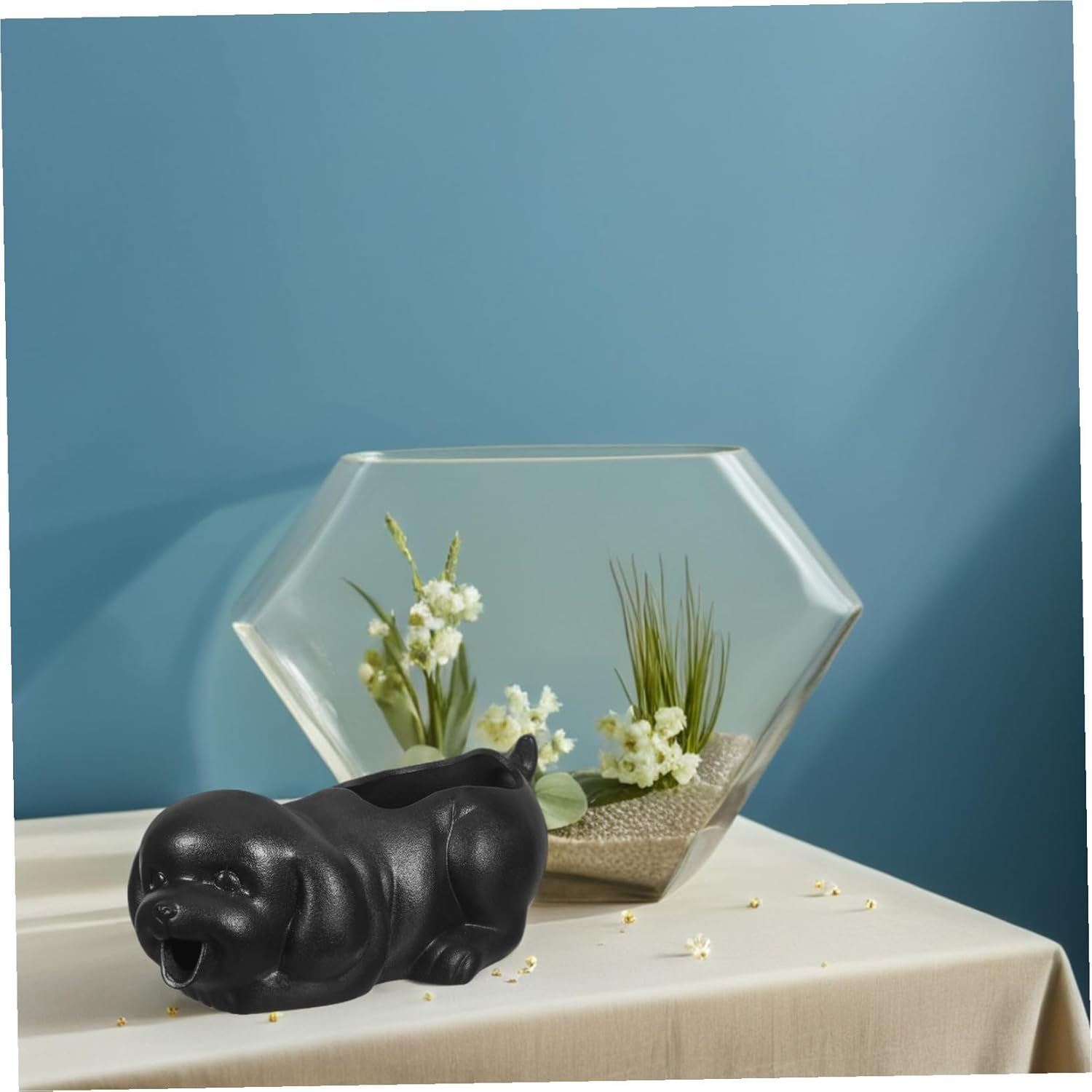 Ceramic Dog Fountain Spitter for Outdoor Water Fountains with Planter Function Bonsai Water Feature for Garden and Fish Tank Landscape - Black image number 6