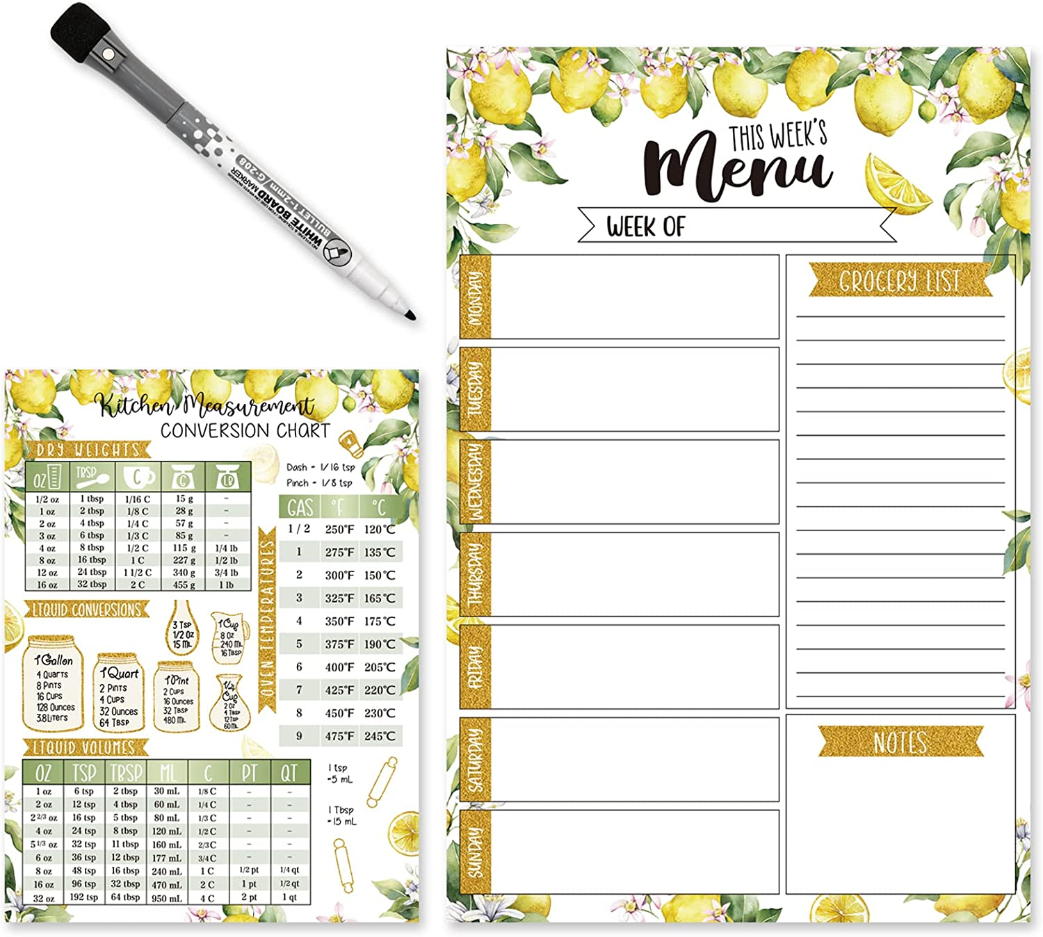 Magnetic Meal Planner for Refrigerator - Lemon Floral Magnetic Weekly Menu Board for Kitchen Conversion Chart, Weekly Meal Planner Dry Erase Board for Refrigerator, Magnetic Menu Board for Fridge