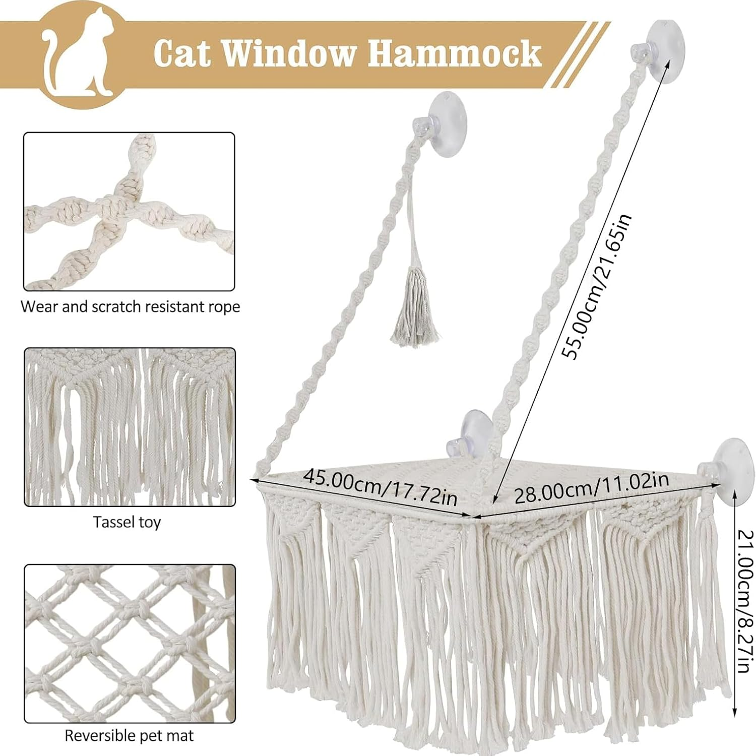 Cat Window Perch, Macrame Cat Hammock Boho Wall Mounted Pet Resting Seat Bed for Sunbathing, Napping & Overlooking with 4 Seat Suction Cups(No Pet Mat Included) image number 4