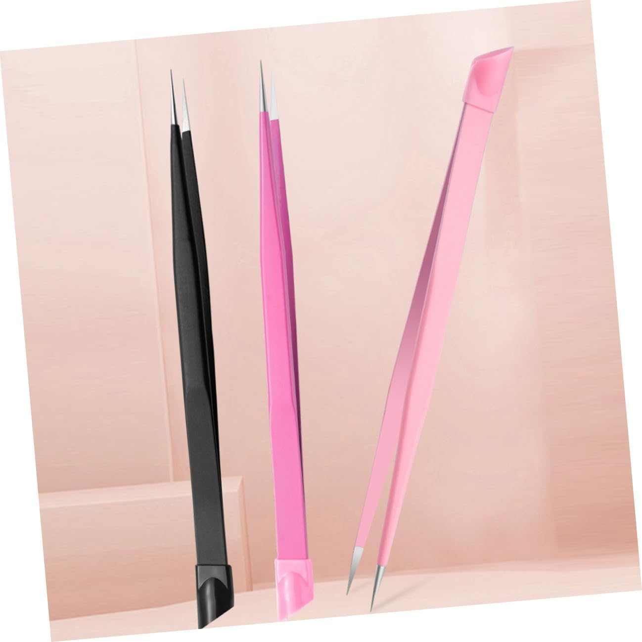 GRADENEVE 3Pcs Double-Ended Nail Picker Tweezers with Pressing Head for Nail Art Sticker Picking Eyelash Extensions Stainless Steel Crafting Tool Kit Pink Black Rose Red image number 2
