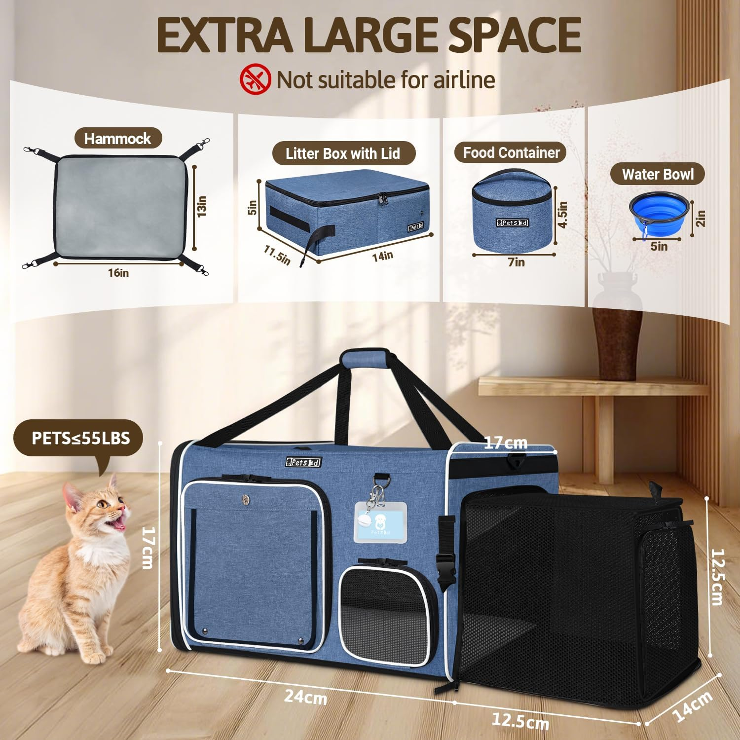 Petskd Side Expandable Extra Large Cat Car Carrier with Collapsible Litter Box for Long Distance Travel,24"X17"X17" Portable Soft Sided Pet Carrier with Roller Shades for 2 Cats up to 55Lbs(Blue) image number 5