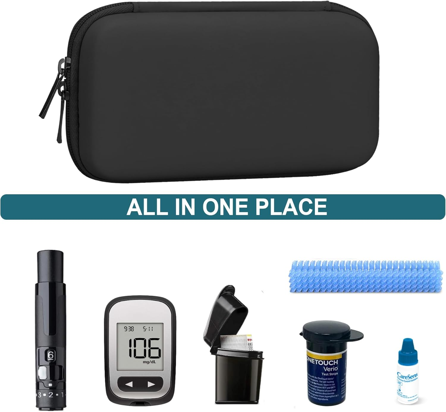 Diabetic Supplies Hard Case Diabetic Supply Organizer Bag Carrying Case for Diabetes Testing Kit Blood Glucose Monitor Kit with Blood Sugar Glucometer Test Strips Lancing Device Lancets, Black - Black image number 6