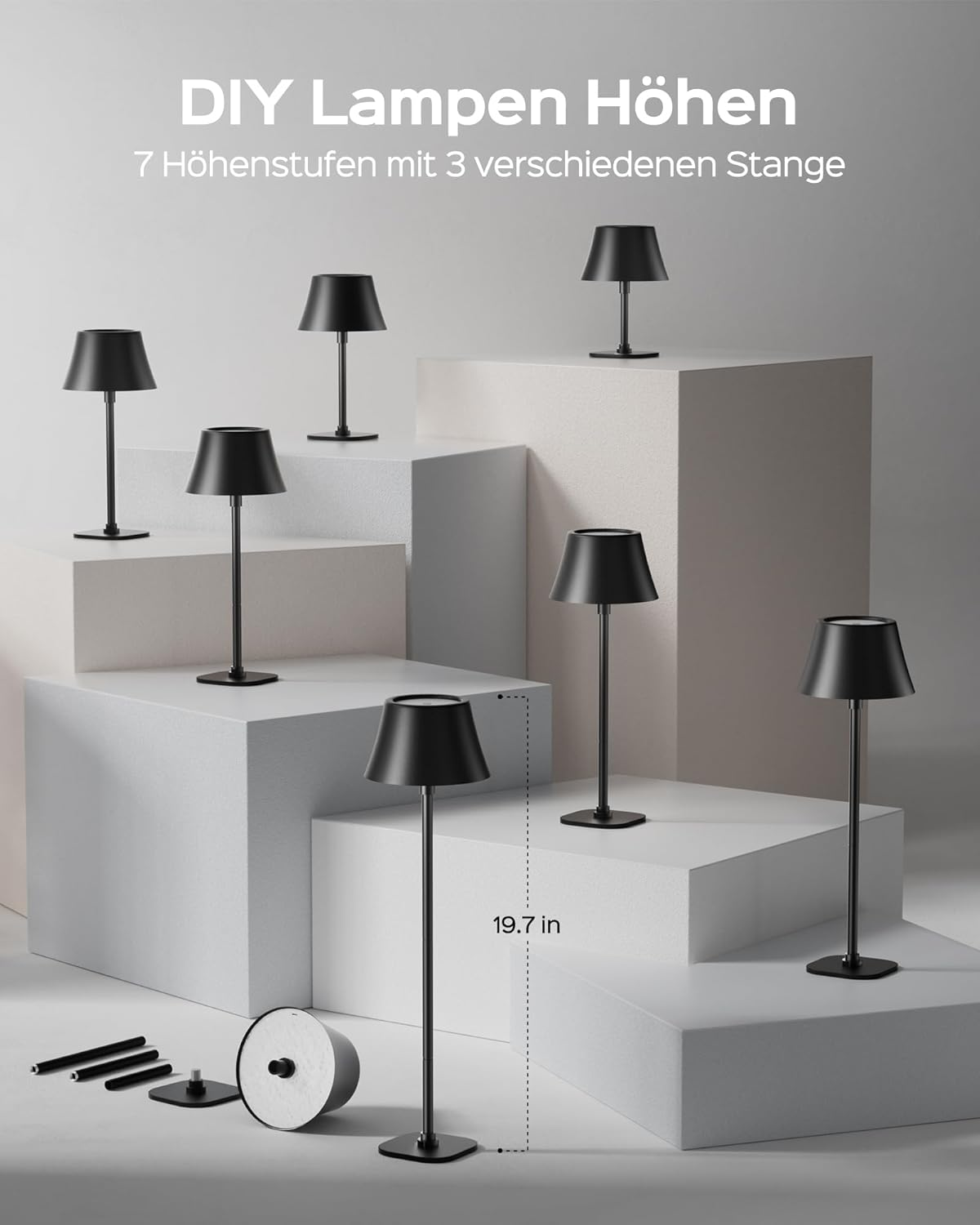 JACKYLED Wireless Table Lamp, 7 Heights, Adjustable, 3 Colour Temperatures, Dimmable, Rechargeable with 5000 Mah Battery, Portable LED Waterproof Table Lamp for Dining Room, Bedroom