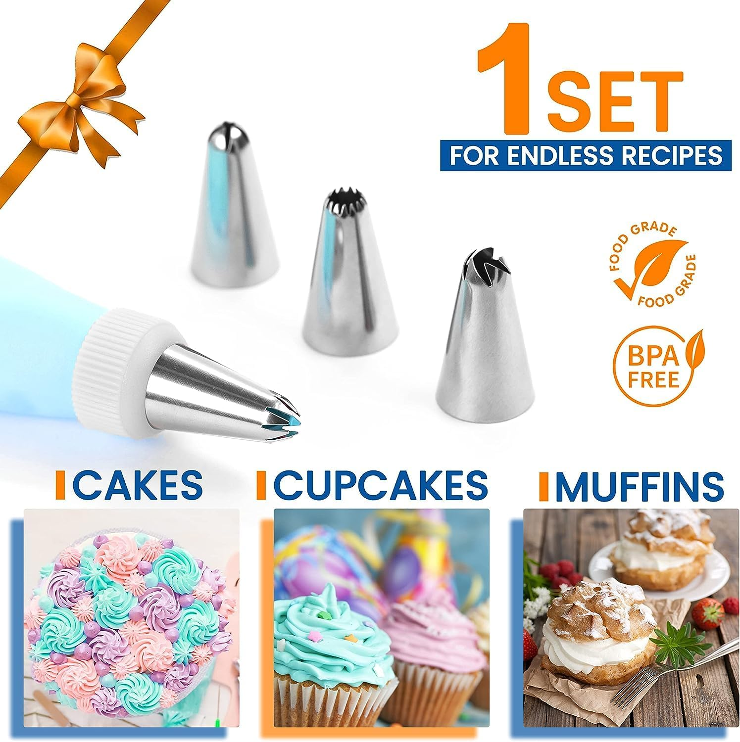 RFAQK 100Pcs Piping Bags and Nozzles -48 Numbered Icing Tips Set, Cookie Cupcake, Cake Decorating Kit Baking Supplies Tools Frosting Piping Tips, Reusable & Disposable Pastry Bags Icing Spatula image number 2