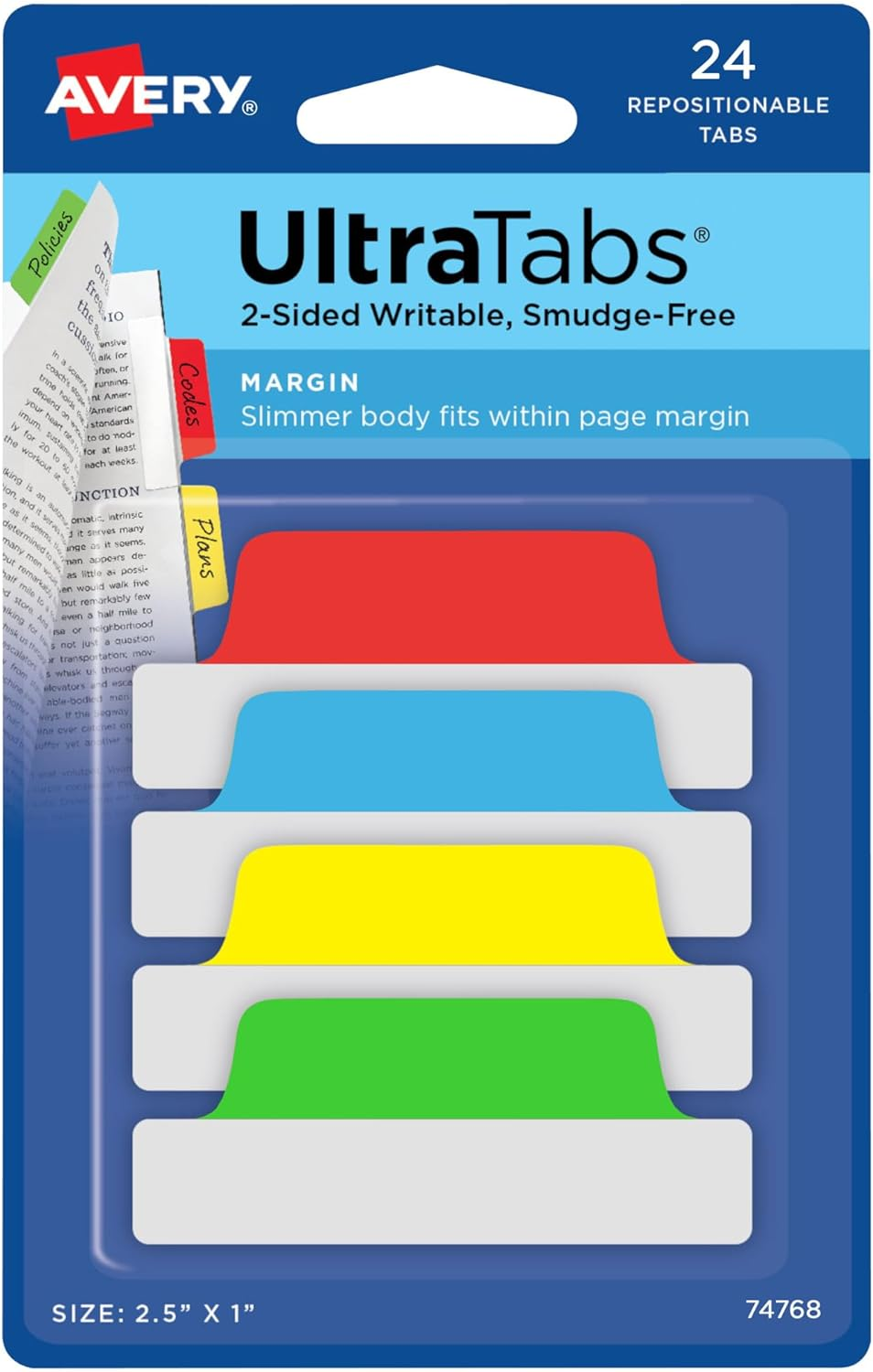 Avery Margin Ultra Tabs, 2.5" X 1", 2-Side Writable, Assorted Pastel Colors, 24 Repositionable Tabs (74769)