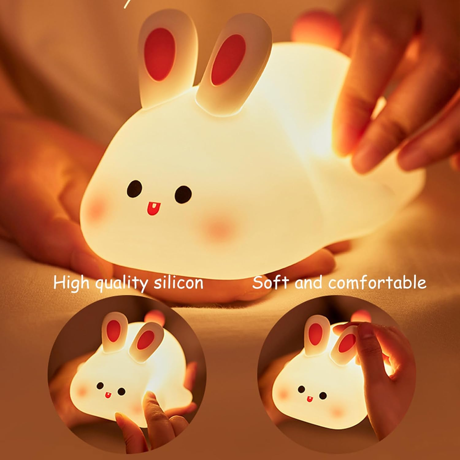 Shgarden Big Face Rabbit Night Light Cute Silicon Bunny Gifts 3 Level Dimmable Squishy Nightlight Rechargeable Bedside Touch Soft Lamp for Nursery Breastfeeding Bedroom Living Room SH0091 image number 4