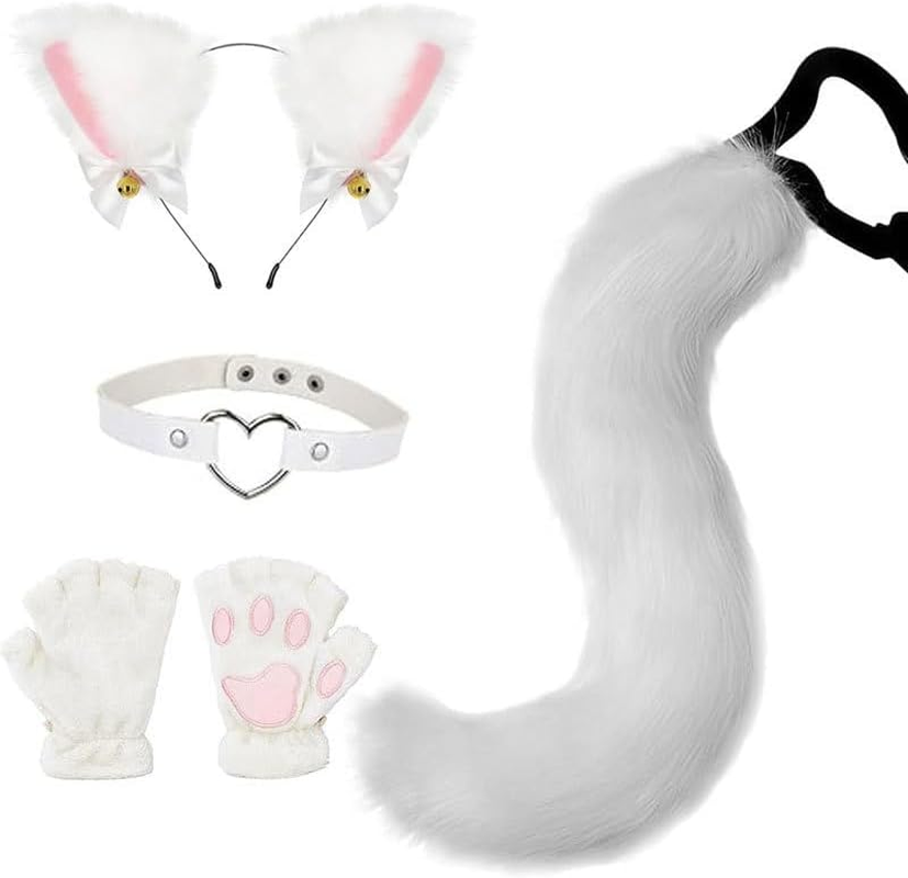 Faux Fur Fox Tail Cat Wolf Cosplay Costume Set, Cats Ear Headbands Tail Cats Paw Glove Leather Neck Chocker Set Halloween Christmas Party Animal Role Play Accessories (White) image number 4