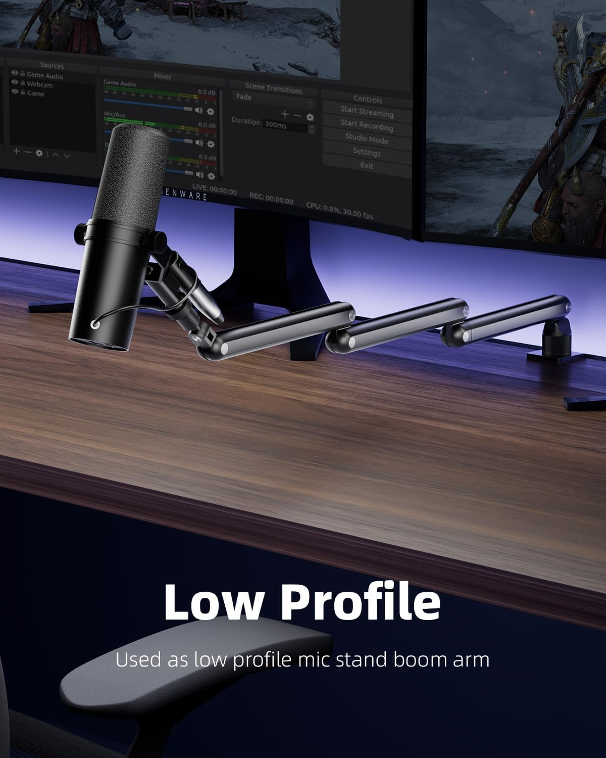 Mic Arm, Low Profile Microphone Arm Stand with Desk Mount Clamp, Boom Arm with Cable Management, Adjustable Mic Stand for Mics up to 3LB, 3/8'' 5/8'' Adapter for Podcast, Gaming, Streaming image number 2