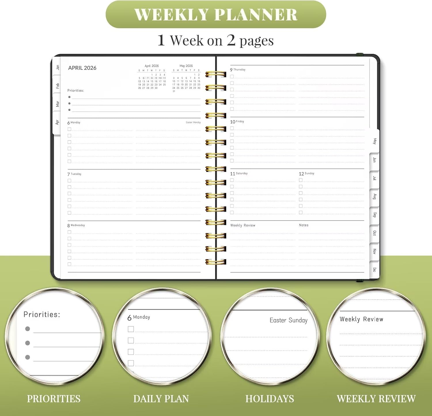 2026 Diary, A5 Weekly and Monthly Planners with Tabs, Spiral Bound Daily Calendar 2026 Planner, Agenda Organizers from Jan. to Dec., Hardcover Habit Tracker Journal 6.18" X 8.5" (Green Butterfly) image number 6