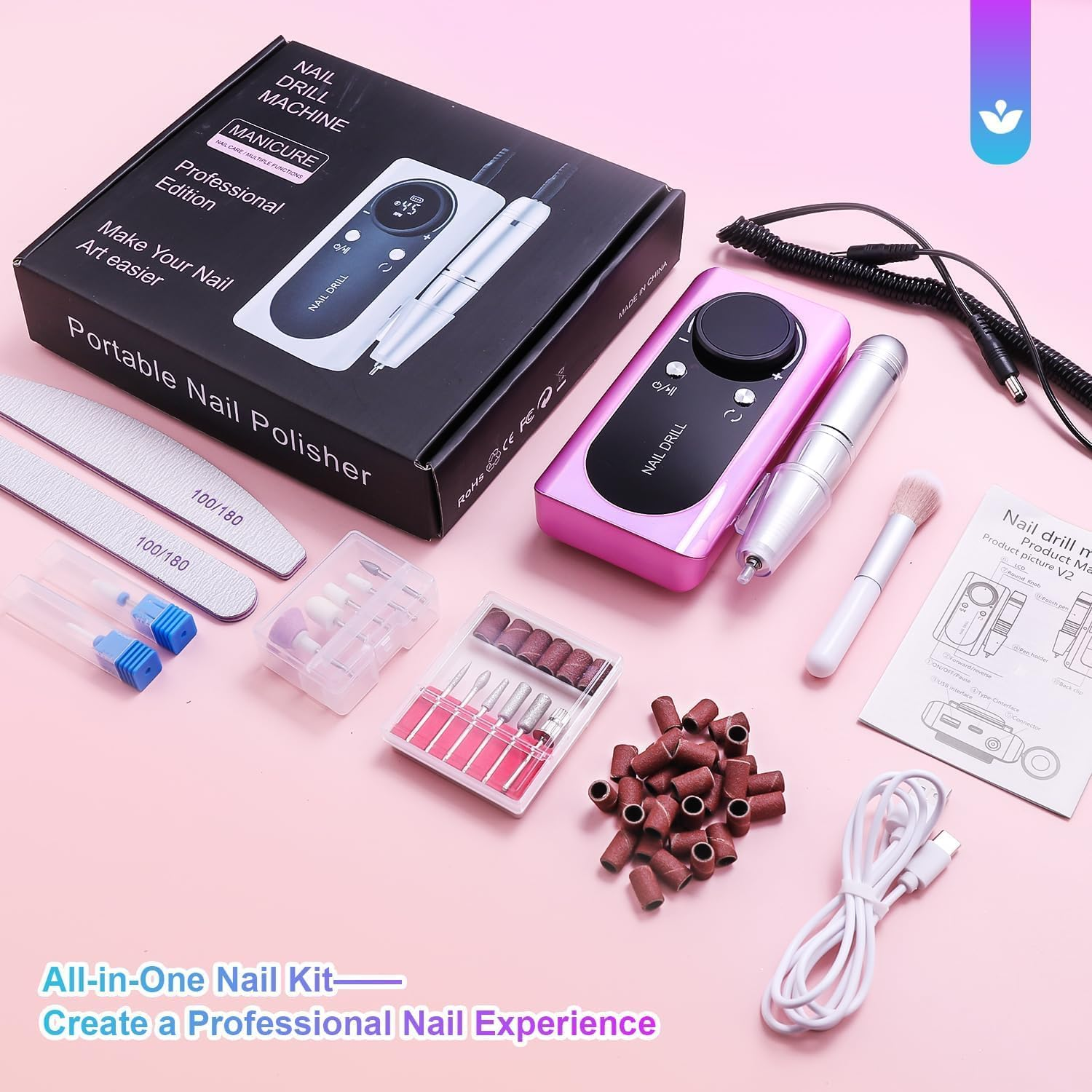 Portable Electric Nail Drill LEDSUUEI: 45000 RPM Nail Drill Professional Electric Nail File Machine for Acrylic Nails Gel Polishing Removing, Manicure Salon Home,Pink image number 4